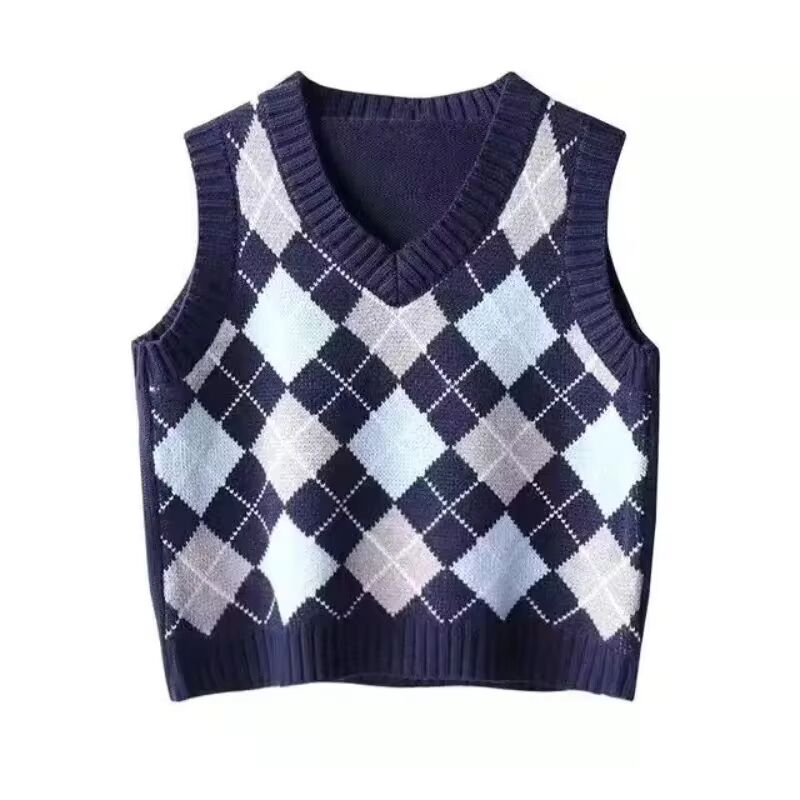 Women's Petite Cropped Knit Vest Japanese Style Retro Argyle V-Neck Sweater Vest Spring Outerwear Layering Waistcoat