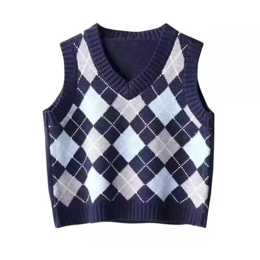 Women's Petite Cropped Knit Vest Japanese Style Retro Argyle V-Neck Sweater Vest Spring Outerwear Layering Waistcoat