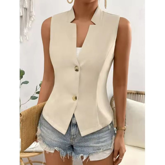 Women Solid V-neck Slim Vests Single Breasted European Style Commuting All-match Spring Summer Elegant Ladies Stylish Outwear
