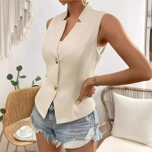 Women Solid V-neck Slim Vests Single Breasted European Style Commuting All-match Spring Summer Elegant Ladies Stylish Outwear