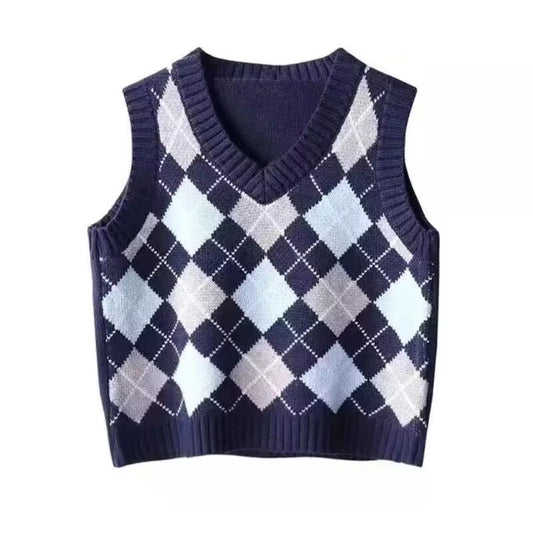 Women's Petite Cropped Knit Vest Japanese Style Retro Argyle V-Neck Sweater Vest Spring Outerwear Layering Waistcoat